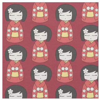 Red Kokeshi Doll Fabric