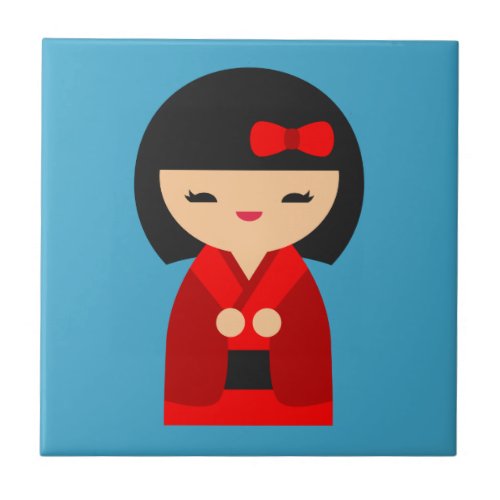 Red Kokeshi Japanese dolls Ceramic Tile