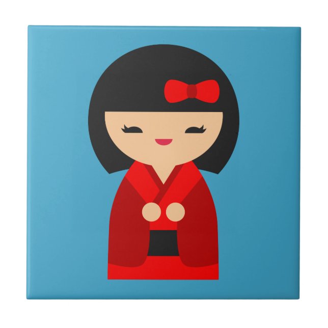 Red Kokeshi Japanese dolls Ceramic Tile (Front)