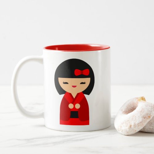 Red Kokeshi Japanese dolls Two_Tone Coffee Mug