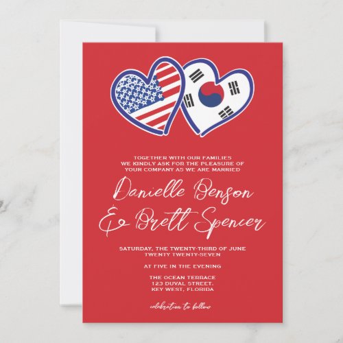 Red Korean American Heart Flag Wedding Invitation