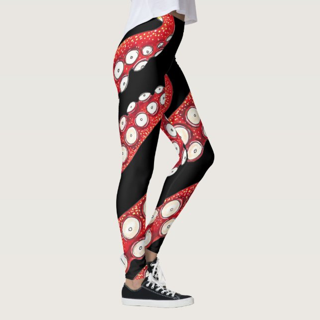 Red Kraken Octopus Tentacles Black Leggings (Right)