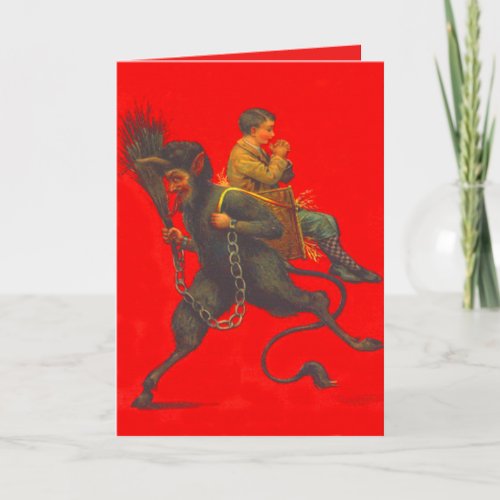 Red Krampus Kidnapping Praying Boy Holiday Card