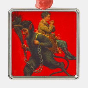 Red Krampus Kidnapping Praying Boy Metal Ornament