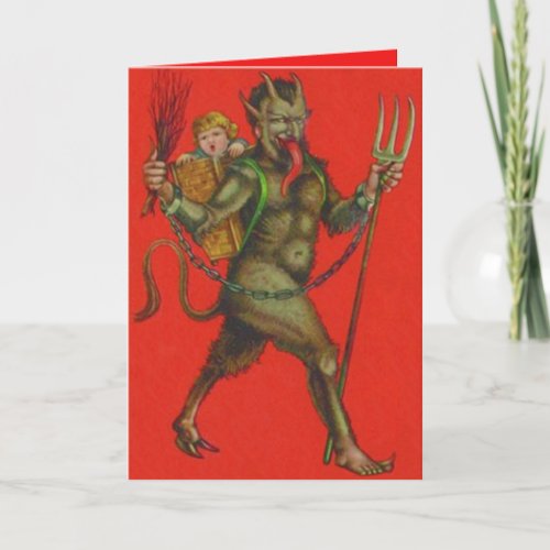 Red Krampus Pitchfork Switch Kidnapping Child Holiday Card