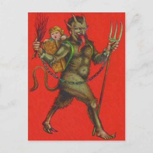 Red Krampus Pitchfork Switch Kidnapping Child Postcard (Front)