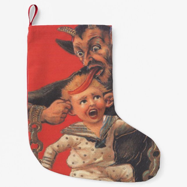 Red Krampus Pulling Boys Ears Small Christmas Stocking (Front)
