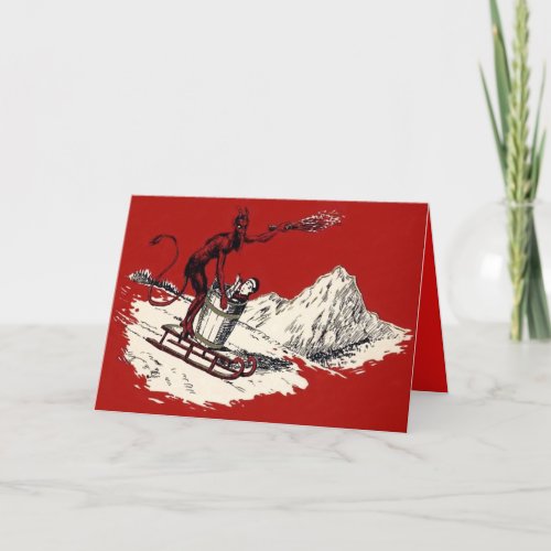 Red Krampus Sleigh Mountain Switch Kidnapped Holiday Card