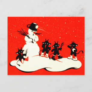 Red Krampus Snowball Fight Snowman Switch Holiday Postcard