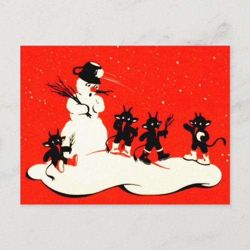 Red Krampus Snowball Fight Snowman Switch Holiday Postcard