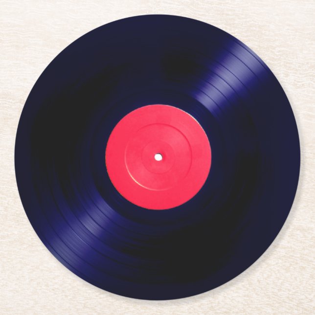 Red label vinyl faux look round paper coaster (Front)