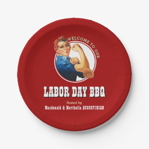 Red LABOR DAY BBQ Rosie Riveter Paper Plates