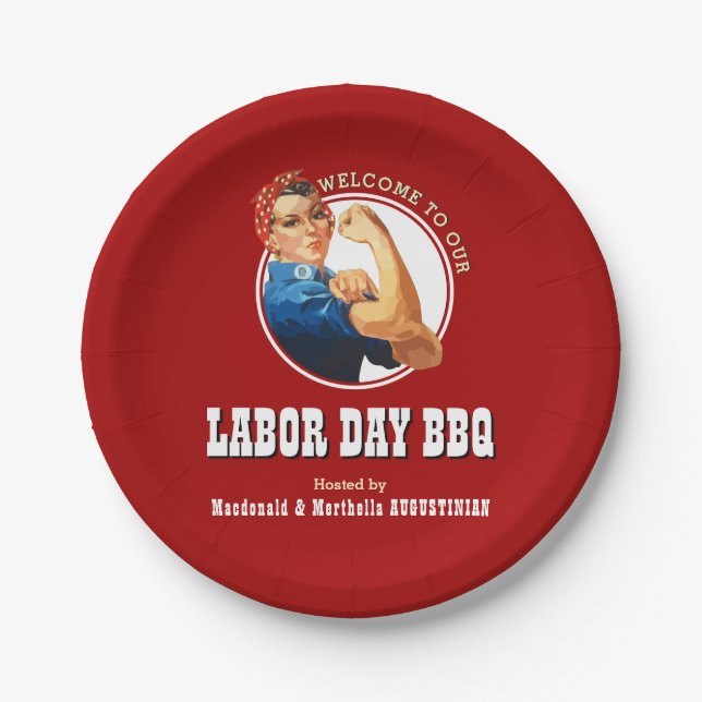 Red LABOR DAY BBQ Rosie Riveter  Paper Plates (Front)