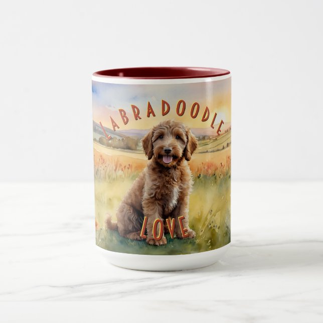Red Labradoodle, Customizable Farm Sunrise Mug (Center)