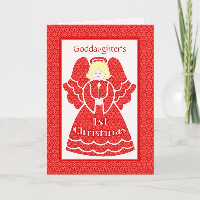 Red Lace 1st Christmas Angel for Goddaughter Holiday Card (Front)