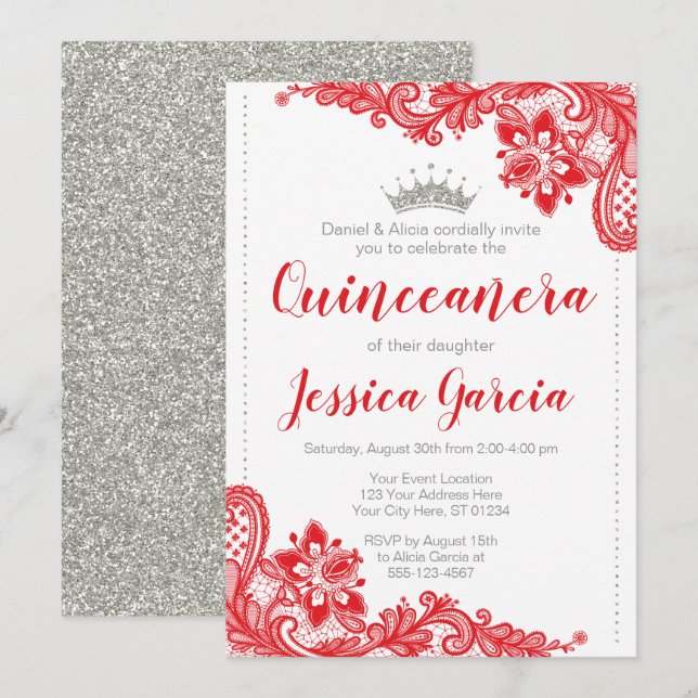 Red Lace and Silver Glitter Princess Quinceañera Invitation (Front/Back)