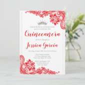 Red Lace and Silver Glitter Princess Quinceañera Invitation (Standing Front)