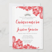 Red Lace and Silver Glitter Princess Quinceañera Invitation (Front)