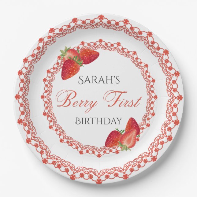 Red Lace Berry First Birthday Paper Plates (Front)