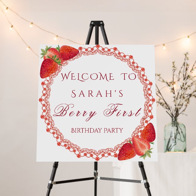 Red Lace Berry First Birthday Party Foam Board (In Situ (Stand))
