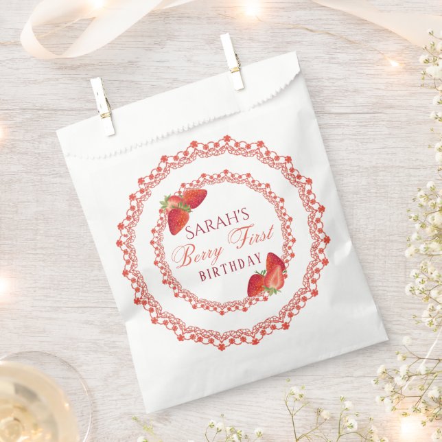Red Lace Berry First Birthday Round Favor Bag (Clipped)