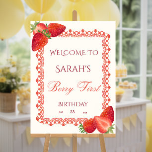 Red Lace Berry First Birthday Welcome Party Sign