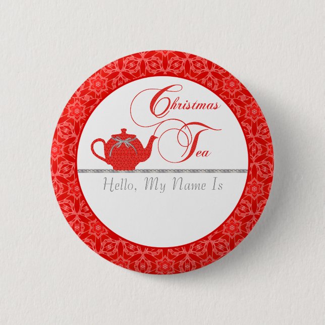 Red Lace Christmas Tea Name Button (Front)