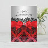 Red Lace Damask & Bow Quinceanera Invitation (Standing Front)