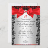 Red Lace Damask & Bow Quinceanera Invitation (Back)