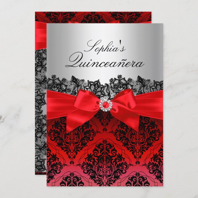 Red Lace Damask & Bow Quinceanera Invitation (Front/Back)
