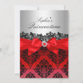 Red Lace Damask & Bow Quinceanera Invitation (Front)
