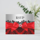 Red Lace Damask & Bow RSVP (Standing Front)