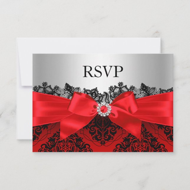 Red Lace Damask & Bow RSVP Card (Front)