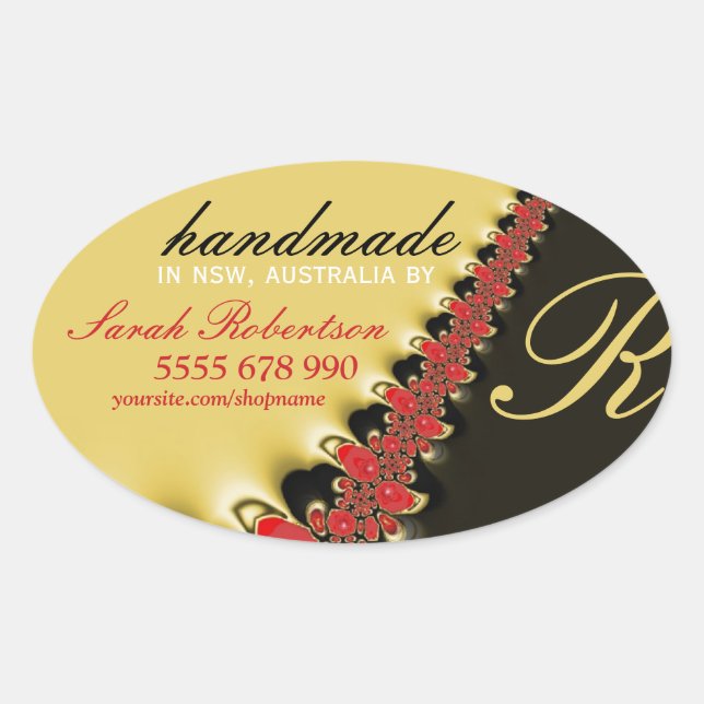 Red Lace & Gold Satin Handmade Label Oval Sticker (Front)