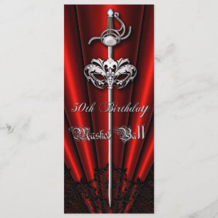 Red Lace Masquerade Silver 50th Birthday Invitation