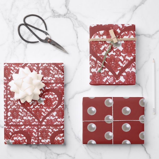 Red Lace Pattern Valentine's Wrapping Paper Sheets (Front)