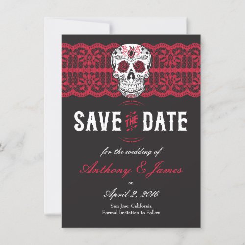 Red Lace Sugar Skull Save the Dates 45x625 Save The Date