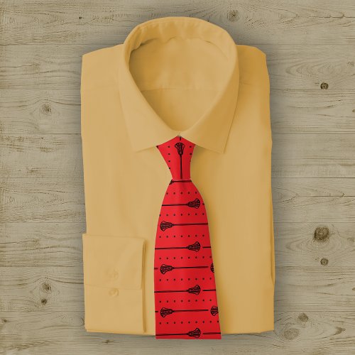Red Lacrosse Black Sticks  Dotted Lines Pattern Neck Tie