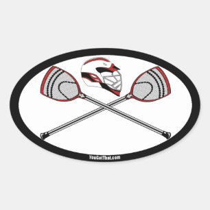Red Lacrosse Goalie Sticks and Helmet Oval Sticker