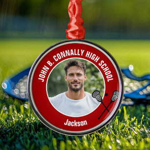 Red Lacrosse Player Photo High School Christmas Metal Ornament