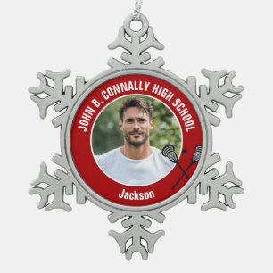 Red Lacrosse Player Photo High School Snowflake Pewter Christmas Ornament
