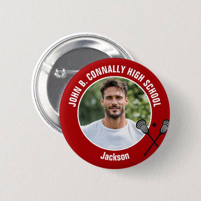 Red Lacrosse Player Photo High School Spirit Button (Front & Back)