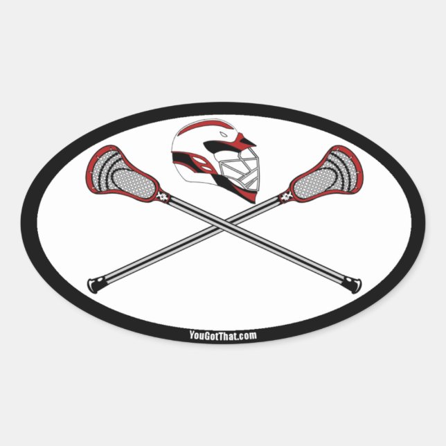 Red Lacrosse Sticks and Helmet Oval Sticker (Front)