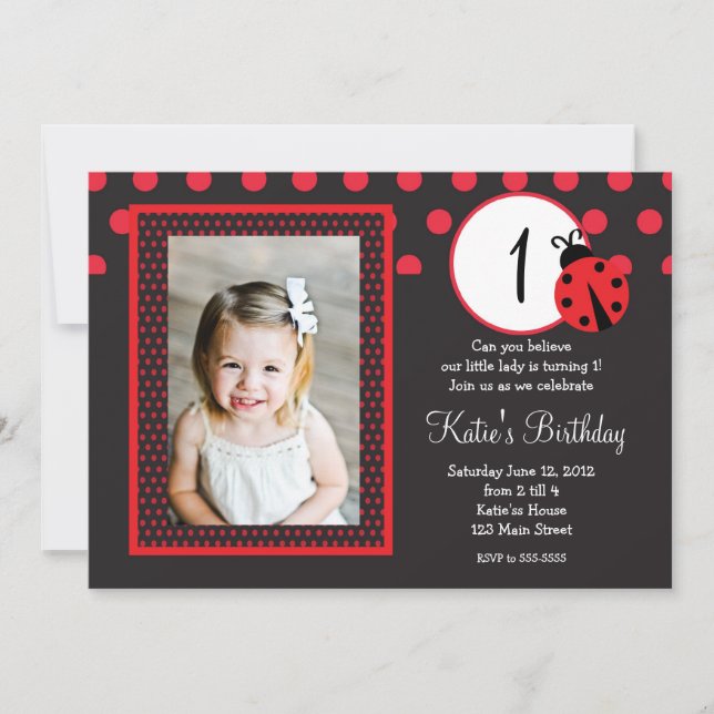 Red Lady Bug Birthday Invitation (Front)