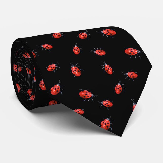  Red Lady Bugs on Black Neck Tie (Rolled)
