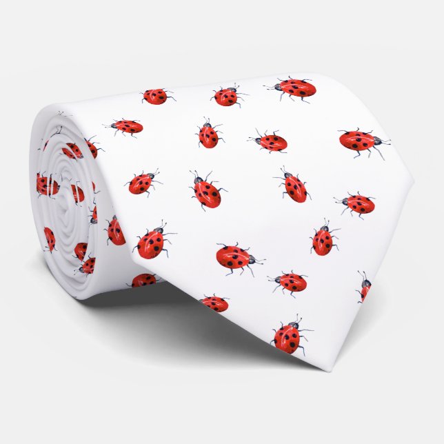  Red Lady Bugs on White Neck Tie (Rolled)