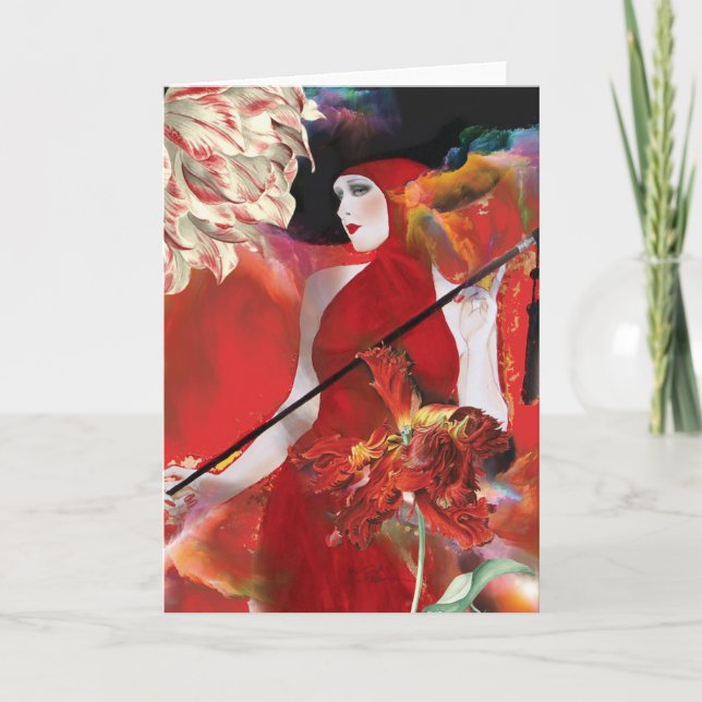 Red Lady with flowers Thank You Card (Front)