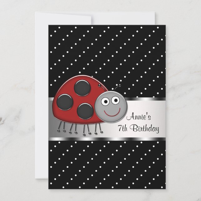 Red Ladybug 7th Birthday Party Invitation Ladybug (Front)