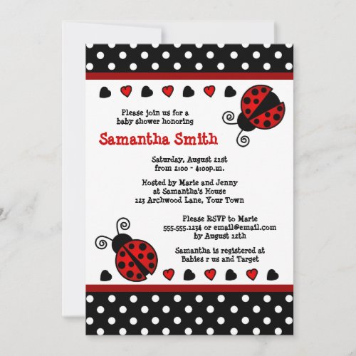 Red Ladybug Baby Shower Black and White Polka Dots Invitation