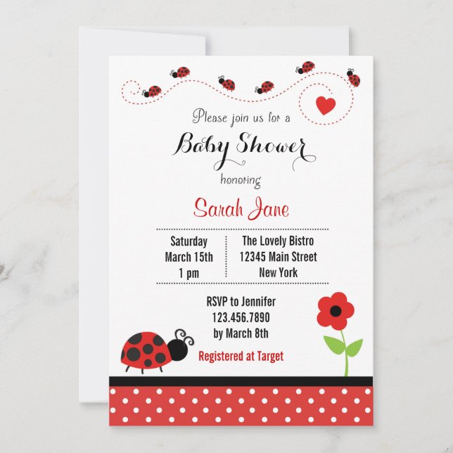 Red Ladybug Baby Shower Invitation Polkadot (Front)